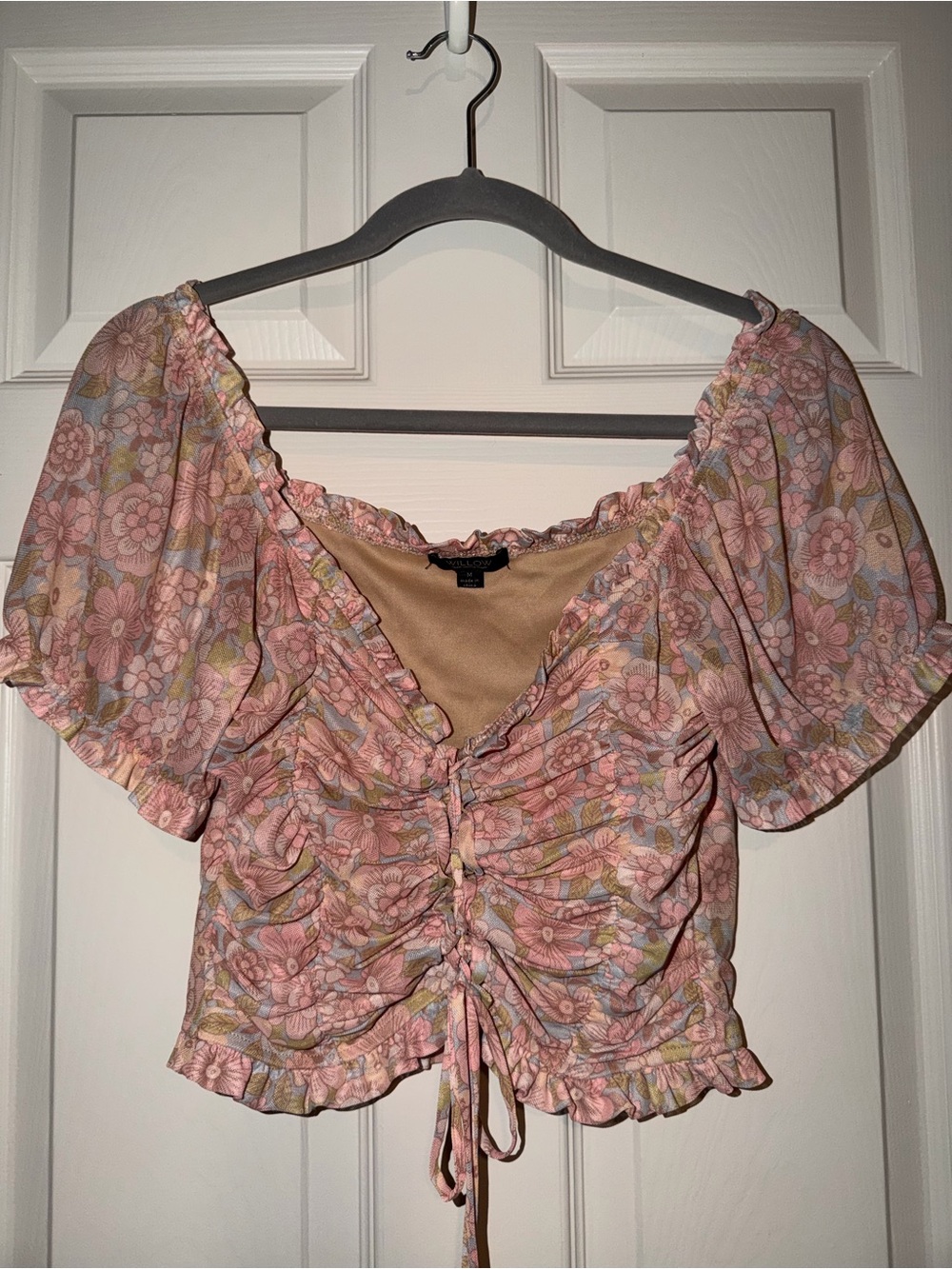 Willow Pastel Pink Floral Ruched Tie-Front Puffβ Sleeve Top